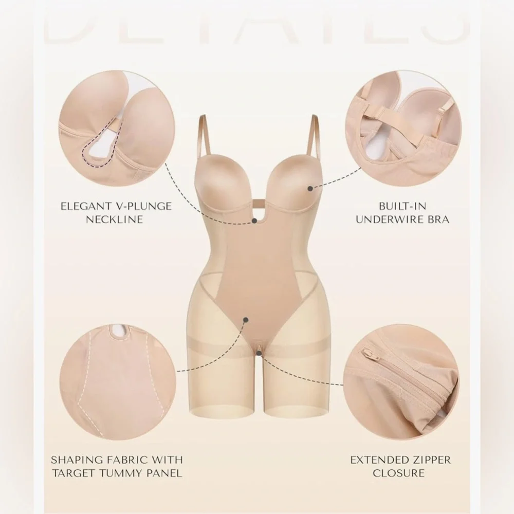 SHAPELLX Shapewear Deep Plunge Corset Tummy Control Backless Bodysuit Beige S - Picture 6 of 10
